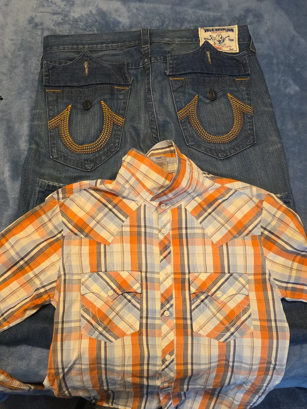 True Religion Orange and Blue Plaid Button-Down with Denim Jeans